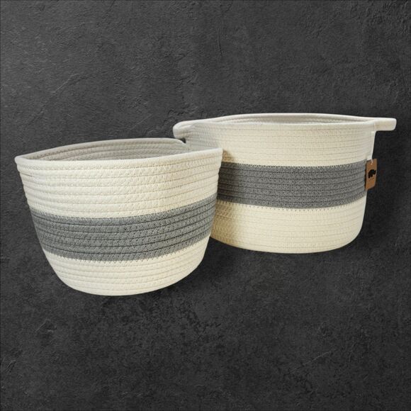 Little Hippo Set 2 Fabric Storage Baskets Grey White Neutral Home Organization - Picture 2 of 13